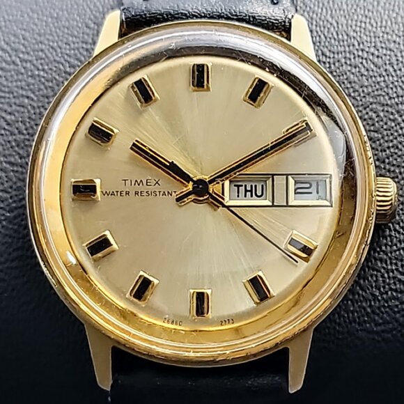 Timex Other - Vintage Timex Marlin Mechanical Gold-Tone Day-Date Watch – Serviced, New Strap,